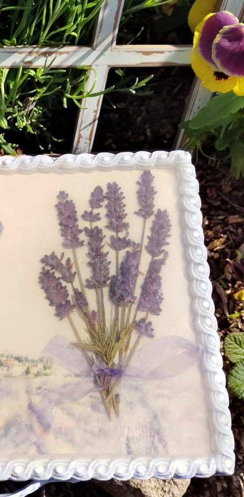 Herbaciarka z prawdziwą suszoną lawendą zatopiona w żywicy
