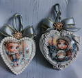 Komplet serduszek akrylowych-2 szt wykonane metodą decoupage od środka i mix mediową, ozdobione dwustronnie